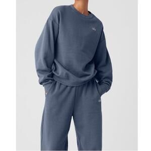 Alo Yoga Accolade Crew Neck Pullover Sweatshirt + Sweatpant Set XS Bluestone EUC